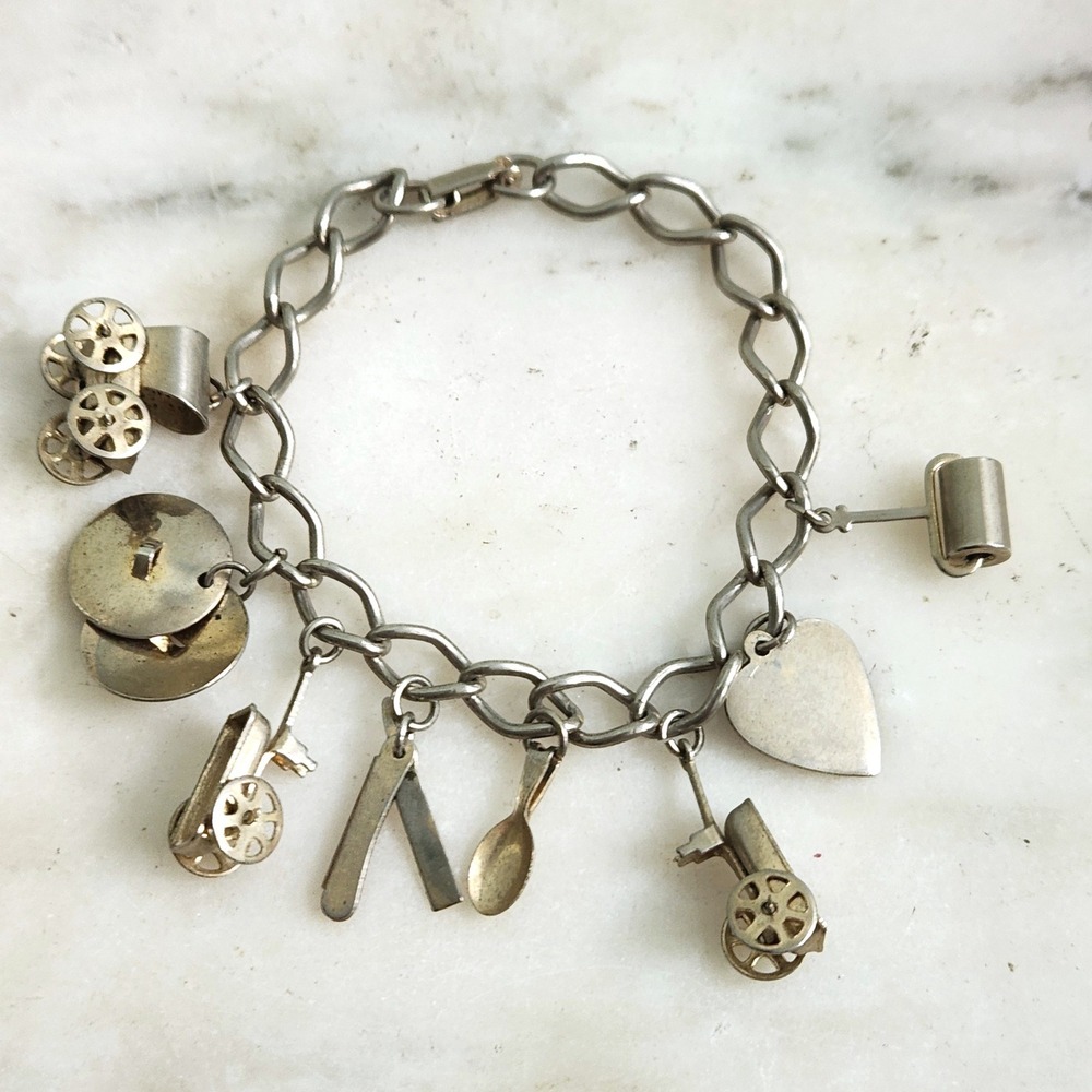 Vintage Charm Bracelet Cottage Core‎ Steel Charms 7" Whimsical Jewelry Silver